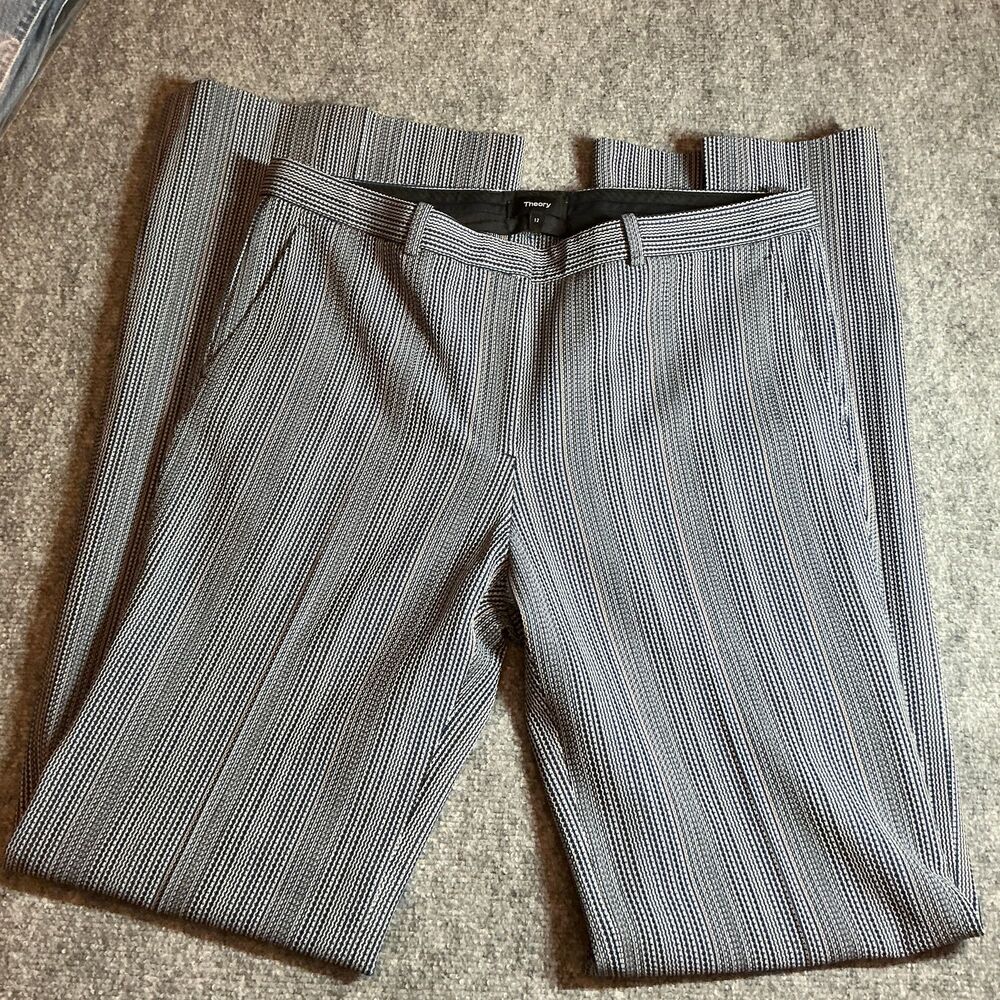 Theory Women's Size 12 Striped Wide Leg Flare Dress Pants Trousers Wool Blend